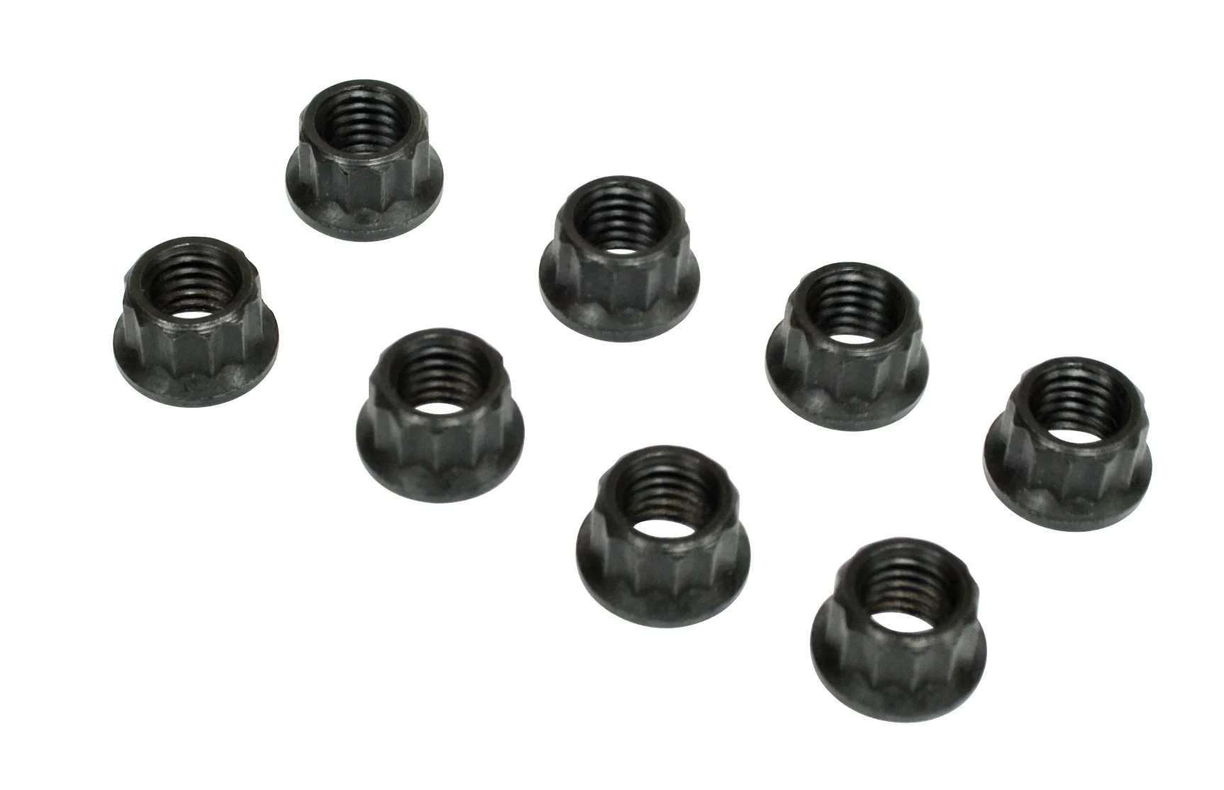 12 Point 8mm Engine Nuts, Black, 8 pieces, 8mm-1.25 Thread, uses 10mm 12 Point Socket.