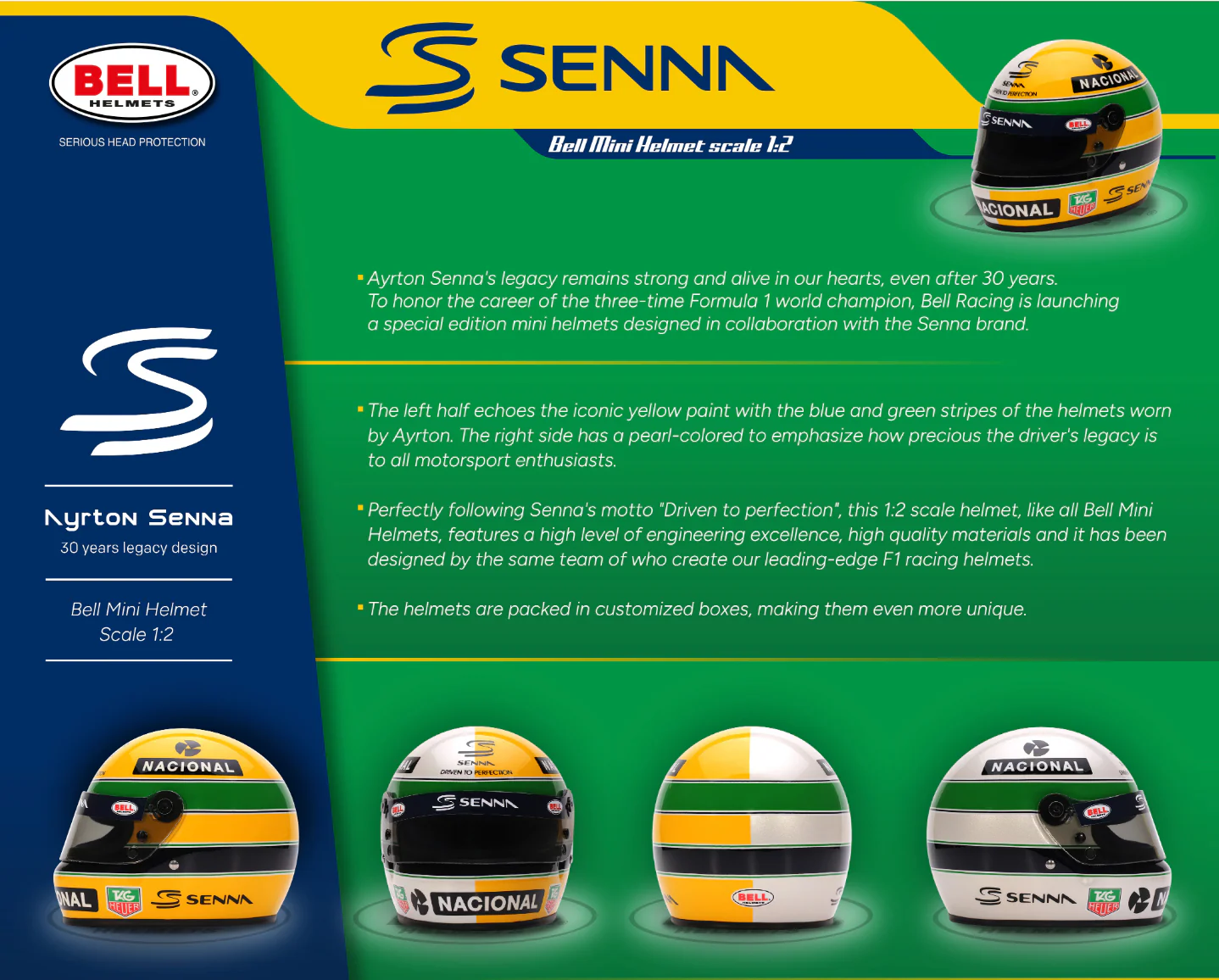 Bell Ayrton Senna 30 Year Legacy 1:2 Scale F1 Mini Helmet, Yellow and Pearl Liveries - Image 8
