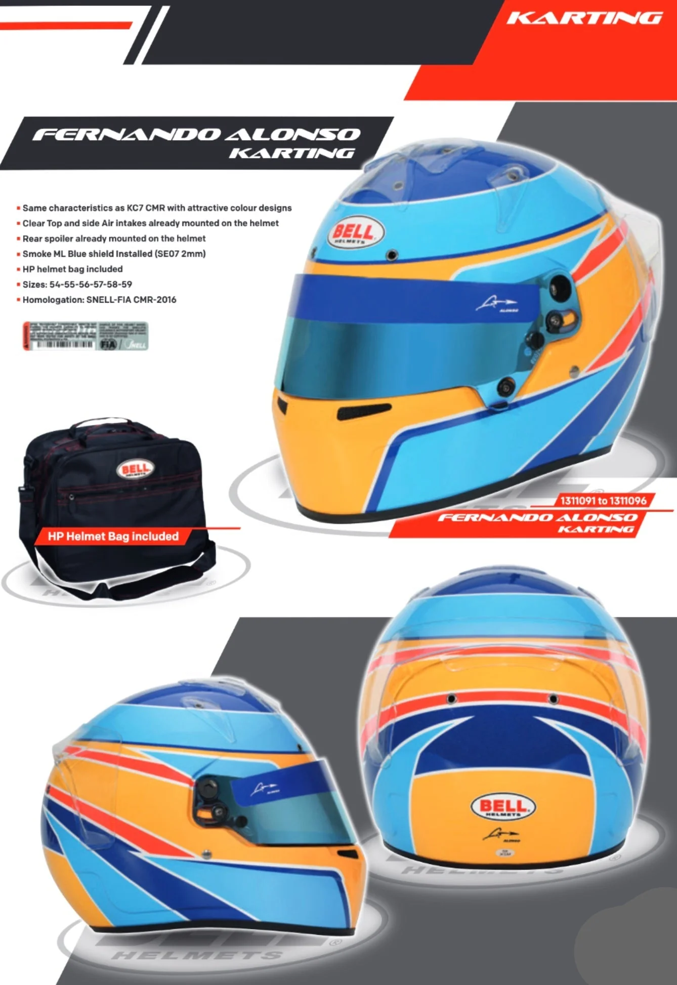 Competition Motorsport Bell KC7-CMR Fernando Alonso Karting Helmet Snell-fia CMR-2016 - Image 7
