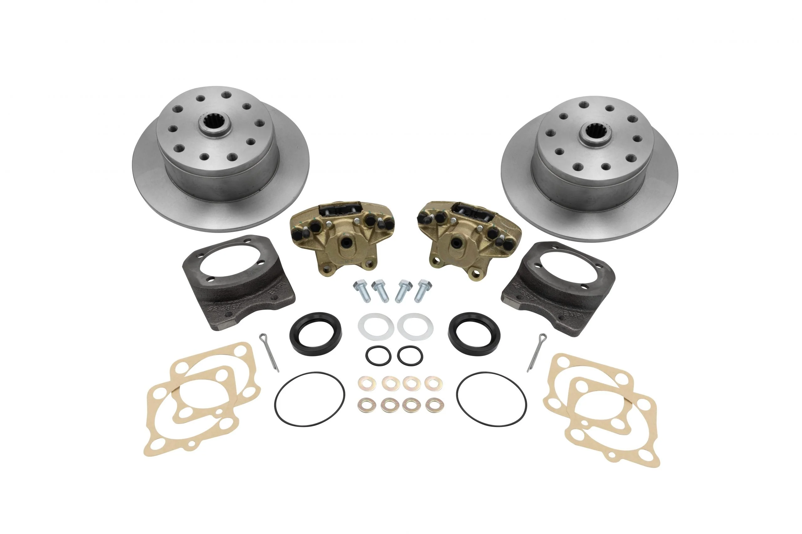Deluxe Rear Disc Brake Kit Double-Drilled 5x130 with 14x1.5mm threads, 5x4.75" with 12mm threads, Swing Axle, 58-67, Cast Brackets
