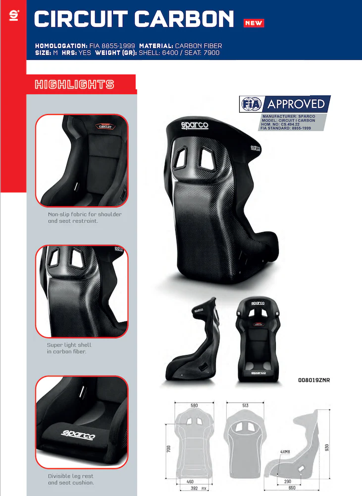 Sparco Circuit / Circuit II Carbon Fiber Racing Seat, FIA 8855-1999 - Image 2