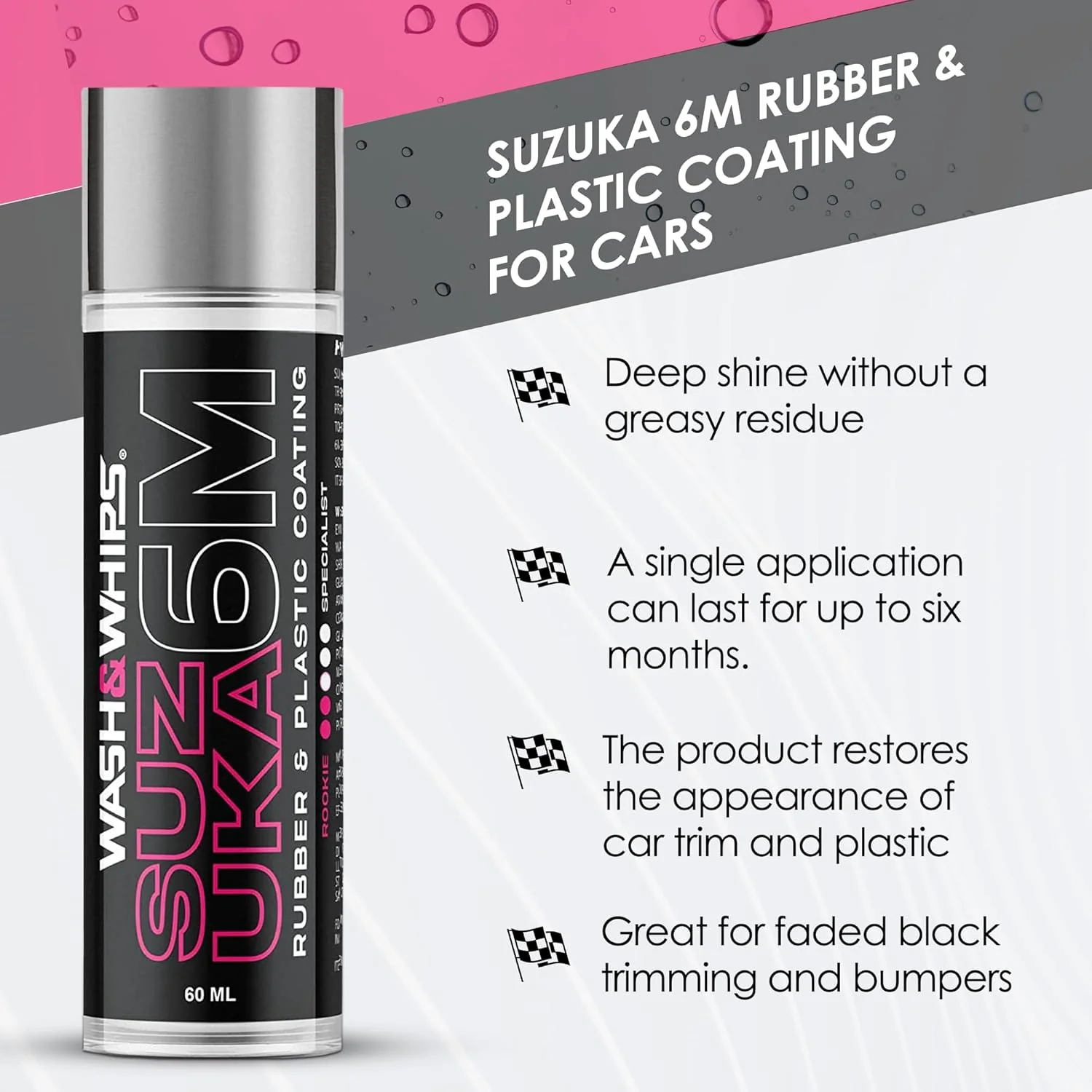 WASH&WHIPS Suzuka 6M Rubber & Plastic Coating for Cars, Restores and Brings Back Black - Concentrated Formula Non-Greasy, 60ml - Image 4