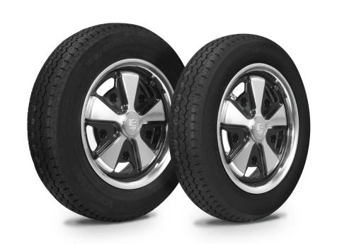 Wheel & Tire Combo, Staggered, 911 Alloy Black/Polished 4.5x15 & 5.5x15 – 5/205, Yokohama GT Special 145/80R15 & 165/80R15